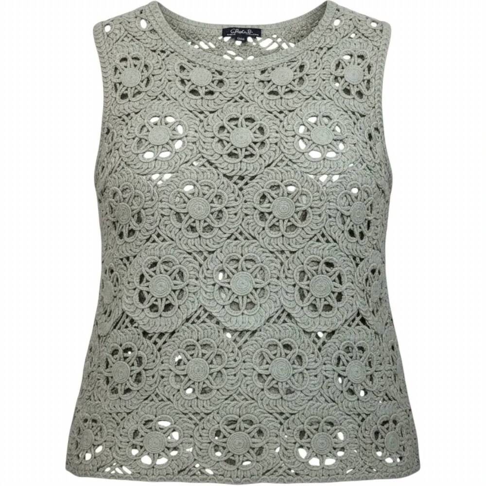 NEW CHARLIE B women's crochet floral sleeveless top in celadon